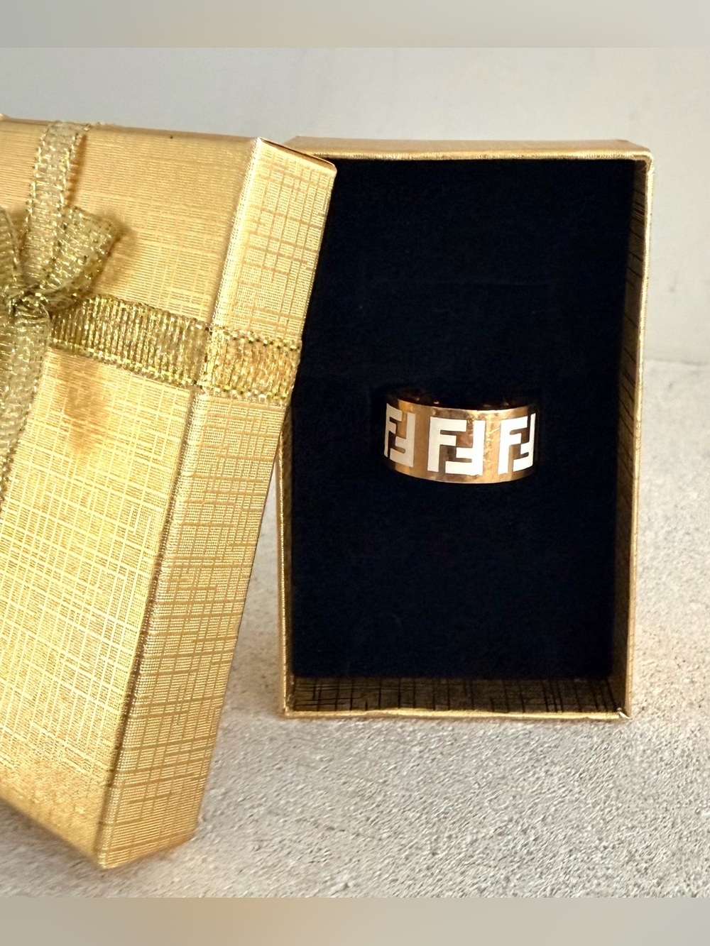 FENDI Forever FF White Enamel Gold Tone Wide Band Ring Size 7
